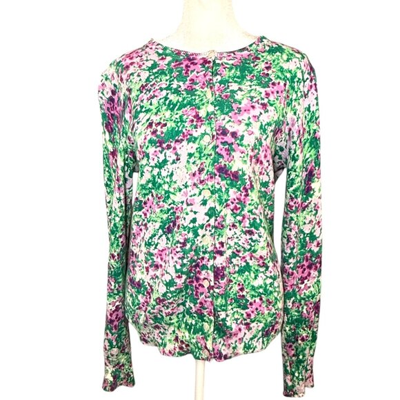 Lands End Women's S 6-8 Button Up Cardigan 100% Supima Cotton Pink Green Floral - Picture 1 of 10